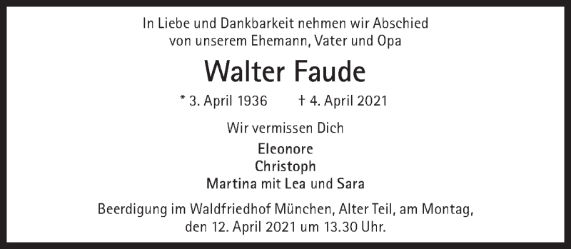  Traueranzeige für Walter Faude vom 10.04.2021 aus Süddeutsche Zeitung