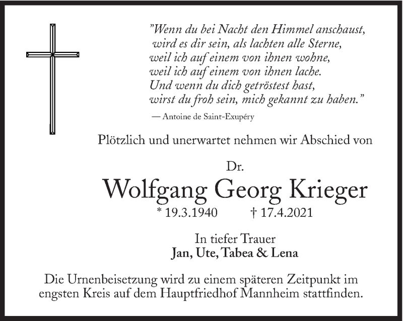  Traueranzeige für Wolfgang Georg Krieger vom 24.04.2021 aus Süddeutsche Zeitung