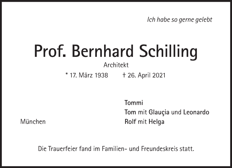 Anzeige von  Bernhard Schilling