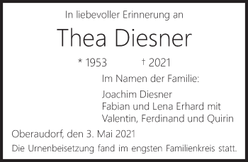 Traueranzeige von Thea Diesner von Süddeutsche Zeitung