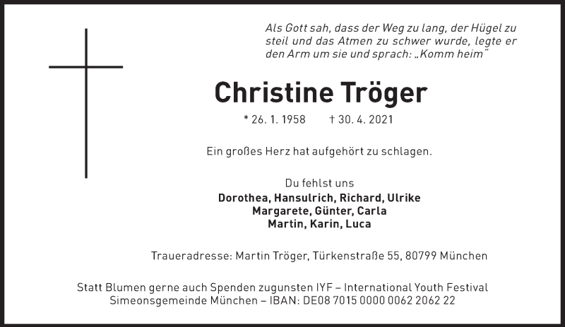  Traueranzeige für Christine Tröger vom 08.05.2021 aus Süddeutsche Zeitung