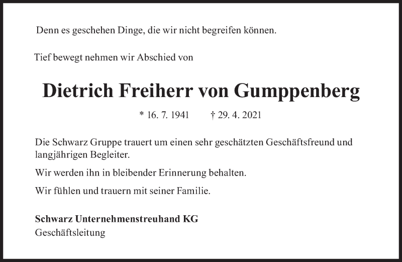  Traueranzeige für Dietrich  Freiherr von Gumppenberg vom 05.05.2021 aus Süddeutsche Zeitung