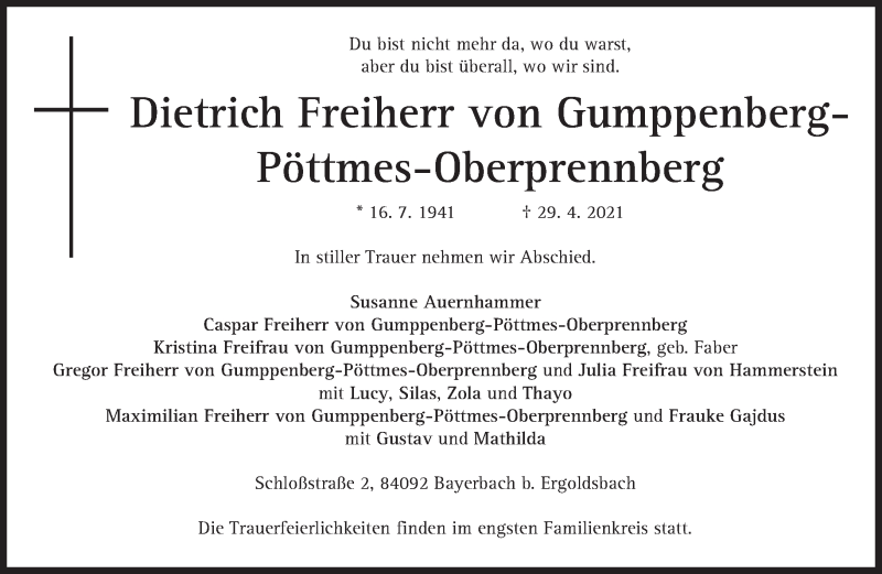  Traueranzeige für Dietrich  Freiherr von Gumppenberg vom 05.05.2021 aus Süddeutsche Zeitung