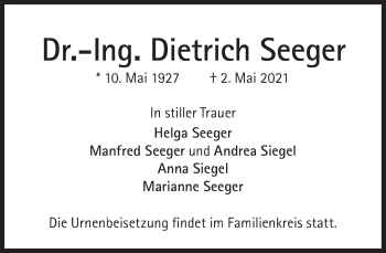 Traueranzeige von Dietrich Seeger von Süddeutsche Zeitung