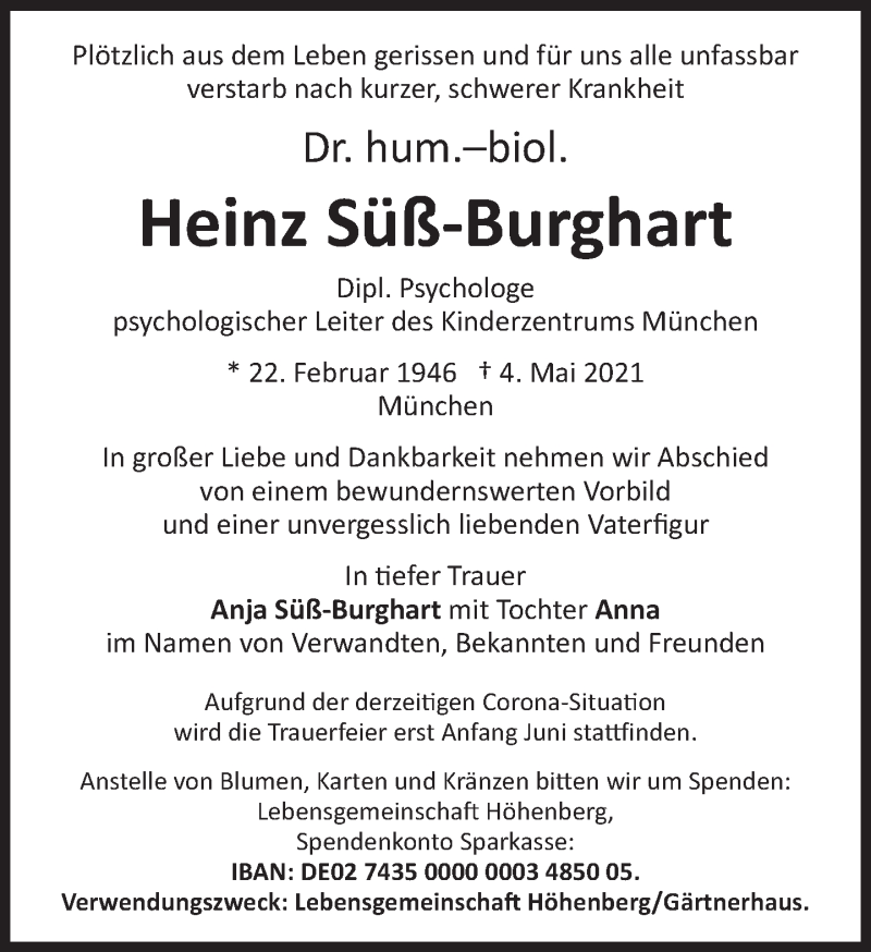  Traueranzeige für Heinz Süß-Burghart vom 08.05.2021 aus Süddeutsche Zeitung