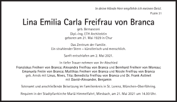 Traueranzeige von Lina Emilia Carla Freifrau von Branca von Süddeutsche Zeitung