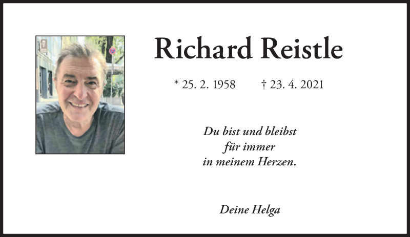  Traueranzeige für Richard Reistle vom 15.05.2021 aus Süddeutsche Zeitung