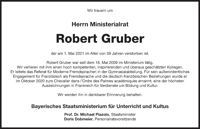  Traueranzeige für Robert Gruber vom 08.05.2021 aus Süddeutsche Zeitung