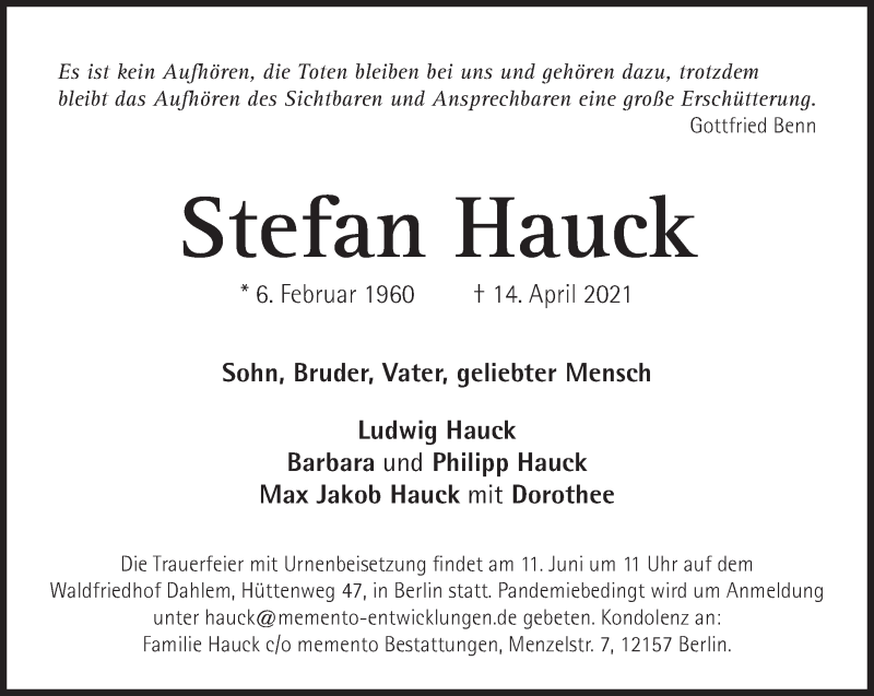 Traueranzeige für Stefan Hauck vom 08.05.2021 aus Süddeutsche Zeitung