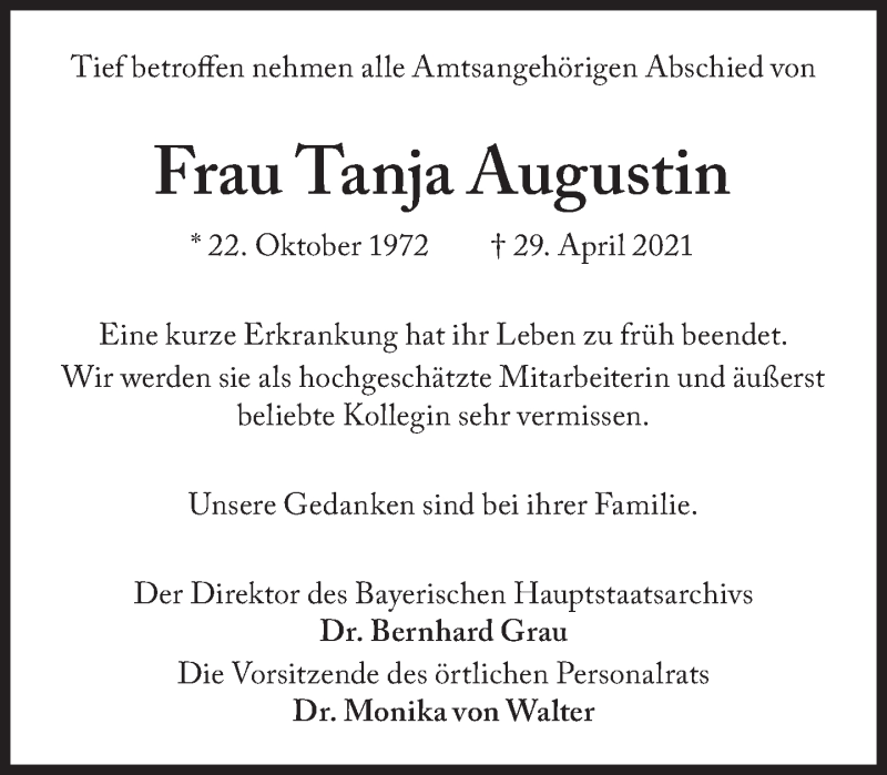  Traueranzeige für Tanja Augustin vom 08.05.2021 aus Süddeutsche Zeitung