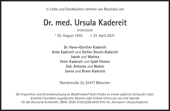 Traueranzeige von Ursula Kadereit von Süddeutsche Zeitung