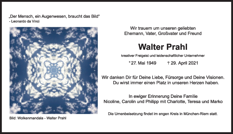  Traueranzeige für Walter Prahl vom 08.05.2021 aus Süddeutsche Zeitung