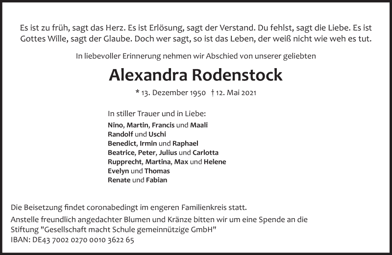  Traueranzeige für Alexandra Rodenstock vom 22.05.2021 aus Süddeutsche Zeitung