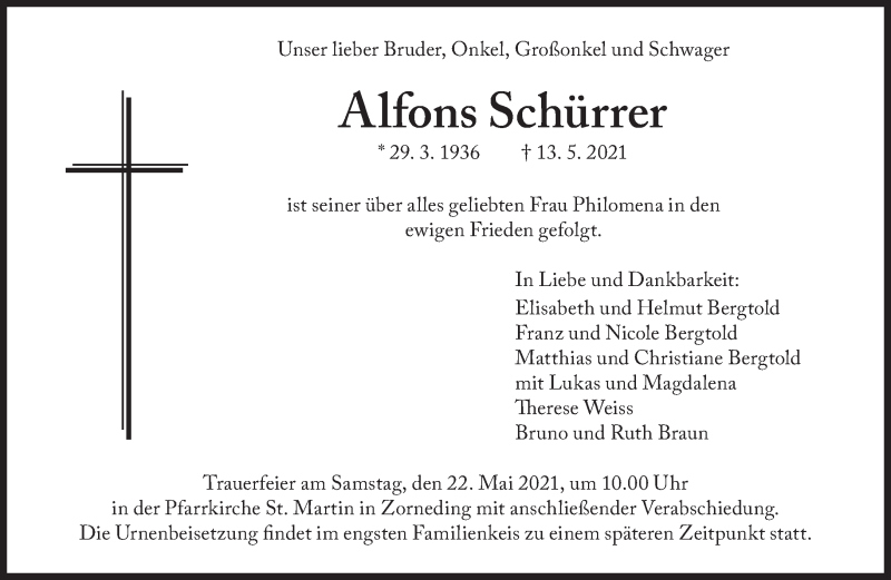 Traueranzeige für Alfons Schürrer vom 20.05.2021 aus Süddeutsche Zeitung