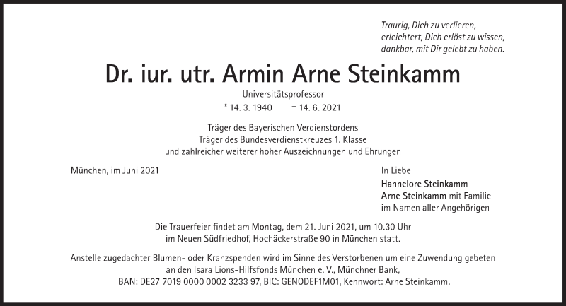  Traueranzeige für Armin Arne Steinkamm vom 19.06.2021 aus Süddeutsche Zeitung