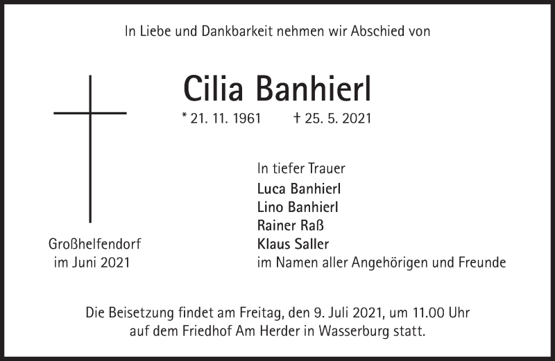  Traueranzeige für Cilia Banhierl vom 26.06.2021 aus Süddeutsche Zeitung