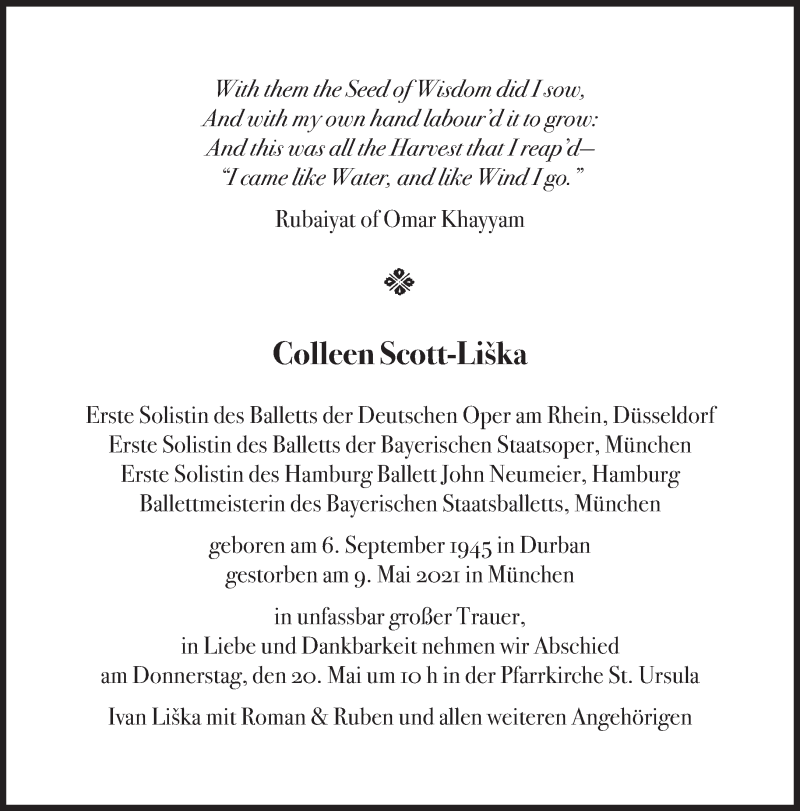  Traueranzeige für Colleen Scott Liška vom 15.05.2021 aus Süddeutsche Zeitung