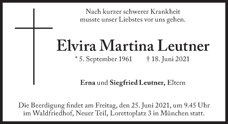  Traueranzeige für Elvira Martina Leutner vom 23.06.2021 aus Süddeutsche Zeitung