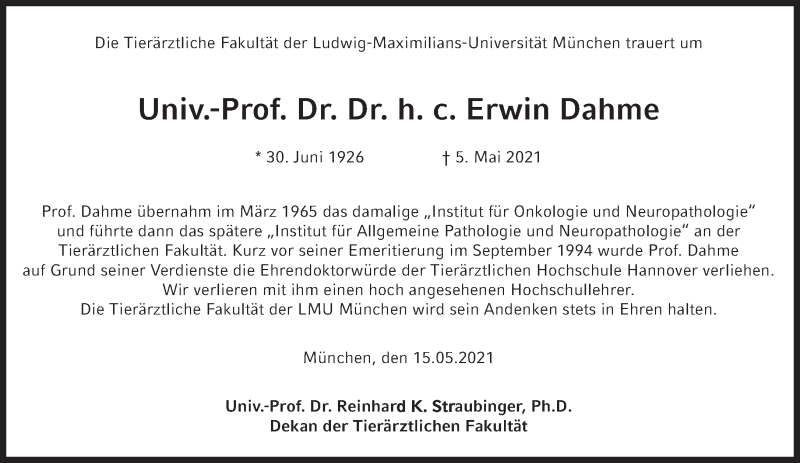 Anzeige von  Erwin Georg Dahme