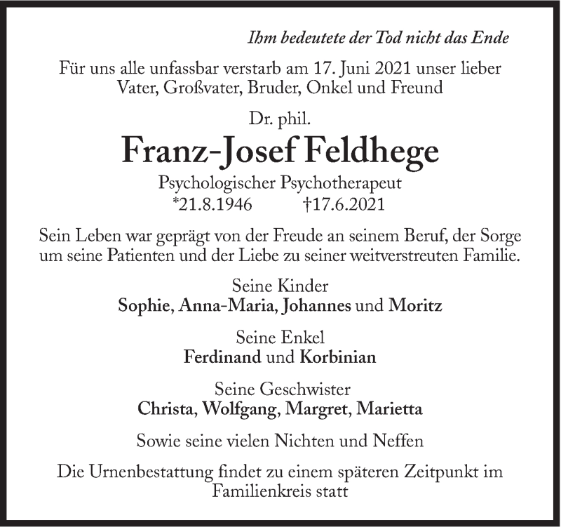  Traueranzeige für Franz-Josef Feldhege vom 26.06.2021 aus Süddeutsche Zeitung