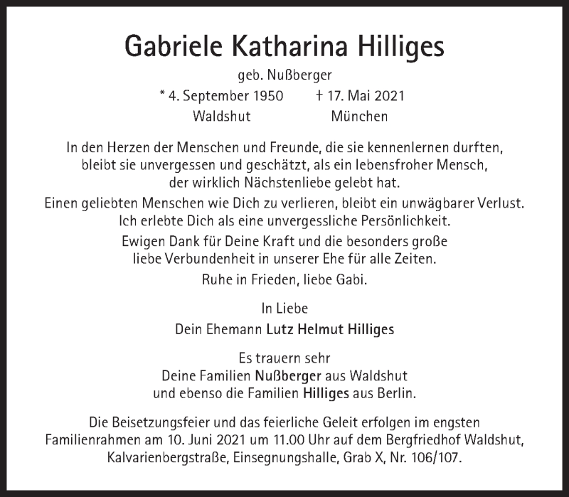  Traueranzeige für Gabriele Katharina Hilliges vom 05.06.2021 aus Süddeutsche Zeitung