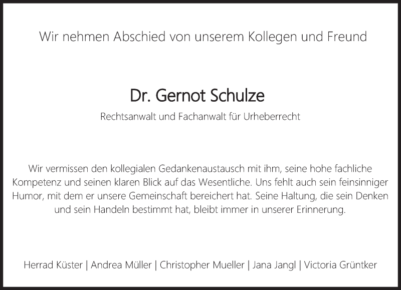  Traueranzeige für Gernot Schulze vom 19.06.2021 aus Süddeutsche Zeitung