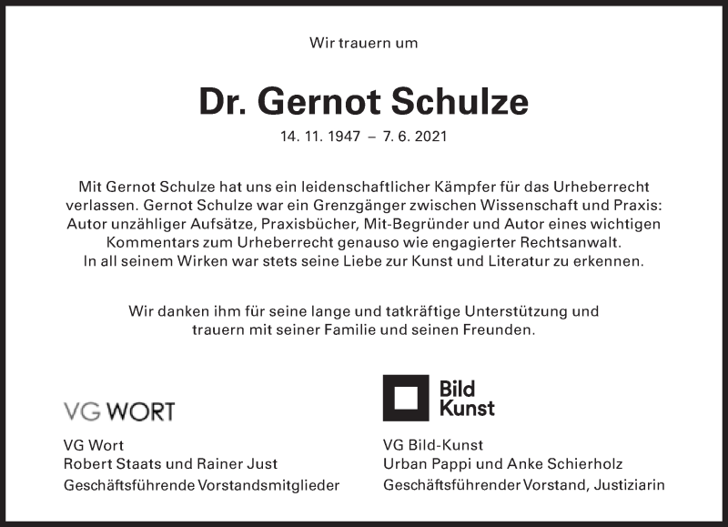  Traueranzeige für Gernot Schulze vom 12.06.2021 aus Süddeutsche Zeitung