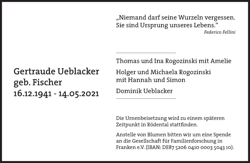 Traueranzeige für Gertraude Ueblacker vom 21.05.2021 aus Süddeutsche Zeitung