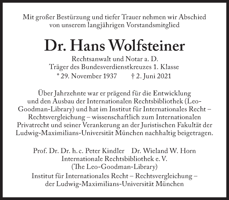 Anzeige von  Hans Wolfsteiner
