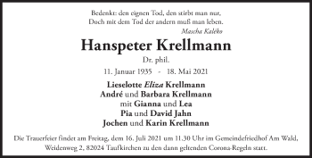 Traueranzeige von Hanspeter Krellmann von Süddeutsche Zeitung