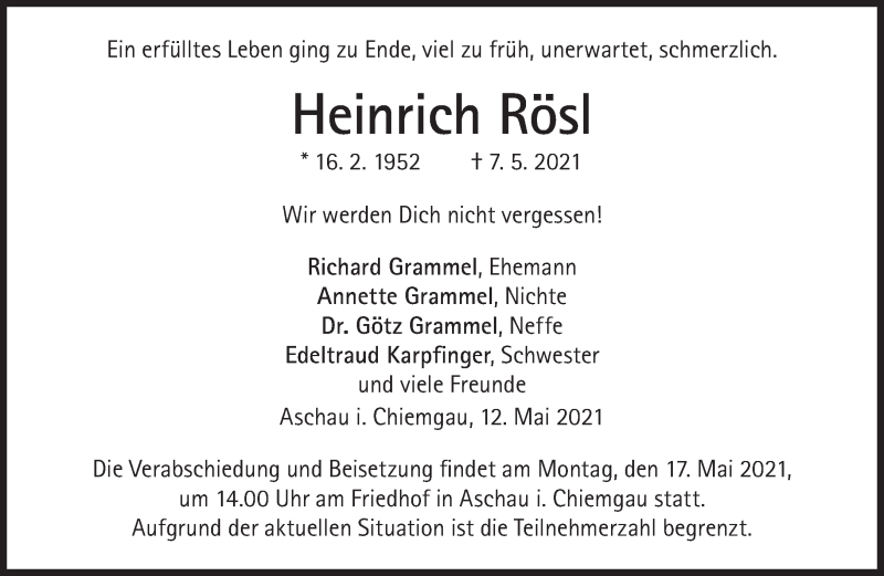  Traueranzeige für Heinrich Rösl vom 12.05.2021 aus Süddeutsche Zeitung
