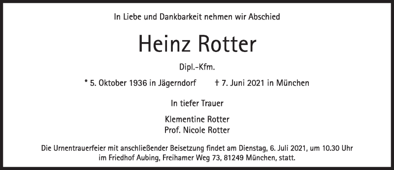 Traueranzeige für Heinz Rotter vom 26.06.2021 aus Süddeutsche Zeitung