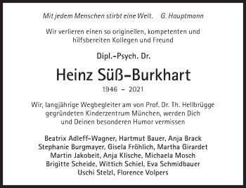 Traueranzeige von Heinz Süß-Burkhart von Süddeutsche Zeitung