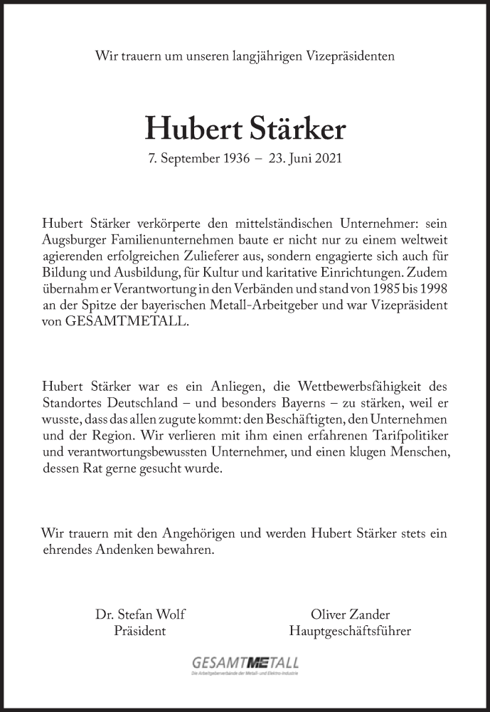  Traueranzeige für Hubert Stärker vom 26.06.2021 aus Süddeutsche Zeitung