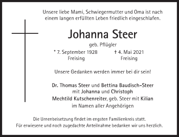 Traueranzeige von Johanna Steer von Süddeutsche Zeitung
