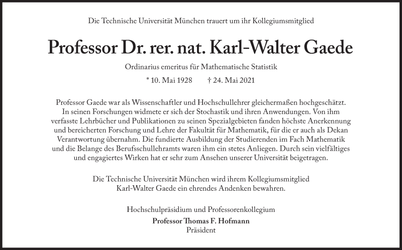 Anzeige von  Karl-Walter Gaede