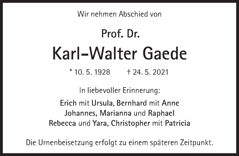 Anzeige von  Karl-Walter Gaede