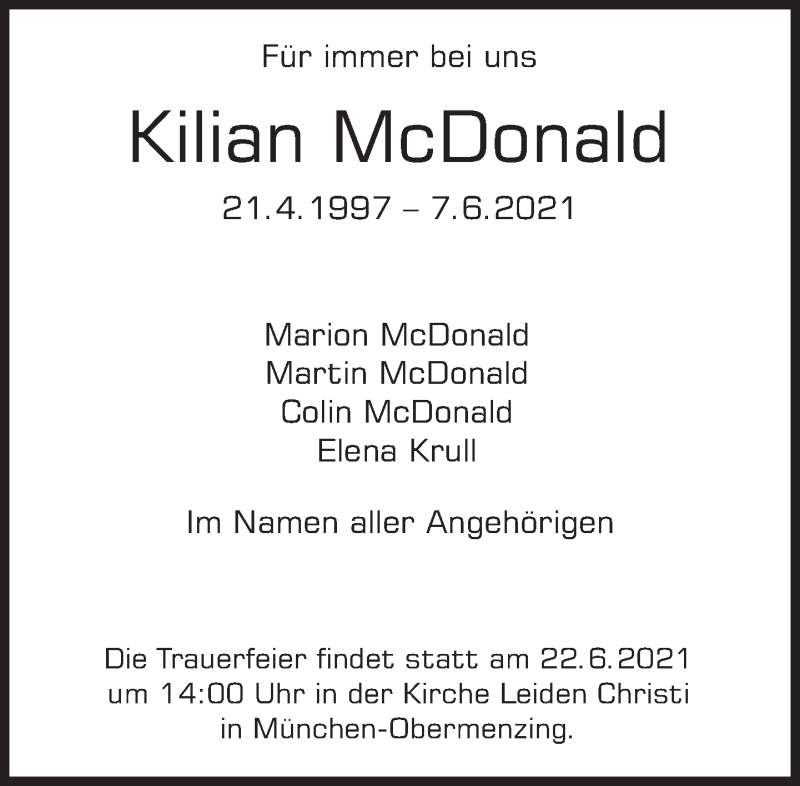  Traueranzeige für Kilian McDonald vom 19.06.2021 aus Süddeutsche Zeitung