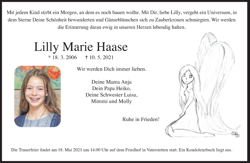  Traueranzeige für Lilly Marie Haase vom 15.05.2021 aus Süddeutsche Zeitung