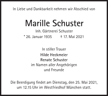Traueranzeige von Marille Schuster von Süddeutsche Zeitung