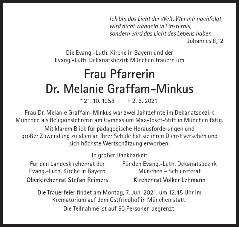  Traueranzeige für Melanie Graffam-Minkus vom 05.06.2021 aus Süddeutsche Zeitung