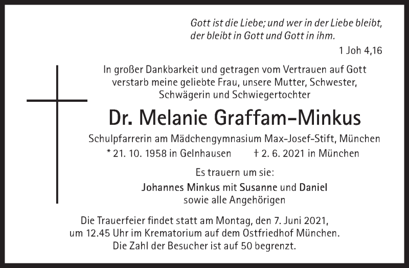  Traueranzeige für Melanie Graffam-Minkus vom 05.06.2021 aus Süddeutsche Zeitung