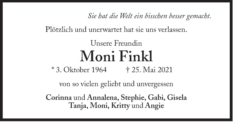  Traueranzeige für Moni Finkl vom 05.06.2021 aus Süddeutsche Zeitung