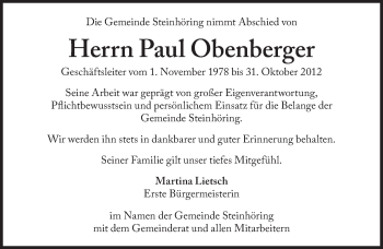 Traueranzeige von Paul Obenberger von Süddeutsche Zeitung