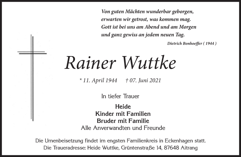  Traueranzeige für Rainer Wuttke vom 17.06.2021 aus Süddeutsche Zeitung