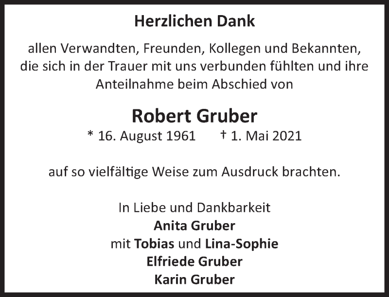  Traueranzeige für Robert Gruber vom 05.06.2021 aus Süddeutsche Zeitung