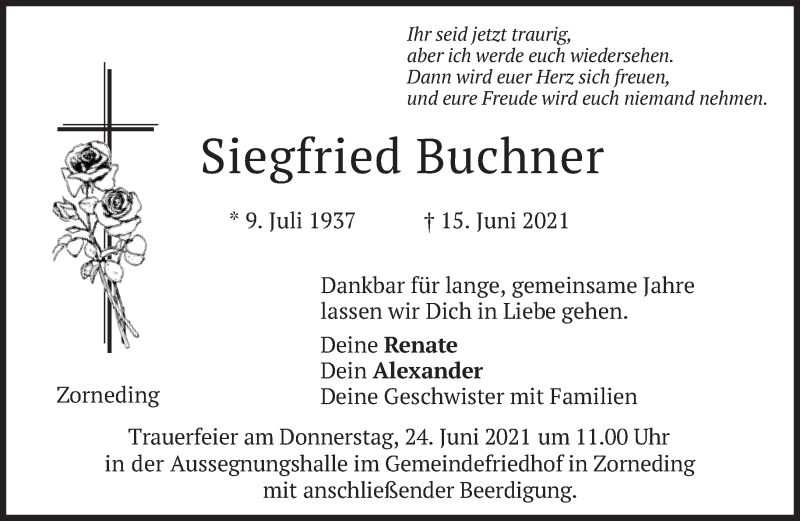  Traueranzeige für Siegfried Buchner vom 22.06.2021 aus Süddeutsche Zeitung