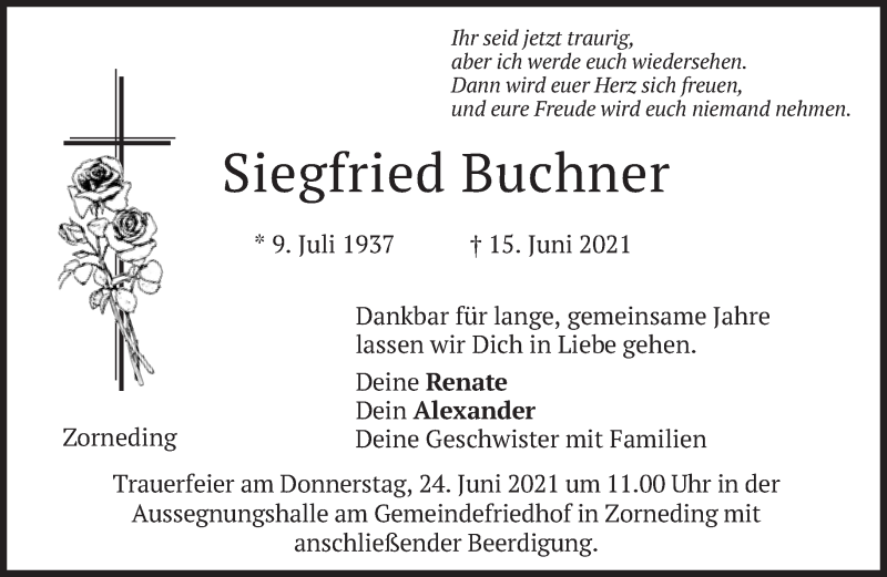  Traueranzeige für Siegfried Buchner vom 19.06.2021 aus Süddeutsche Zeitung