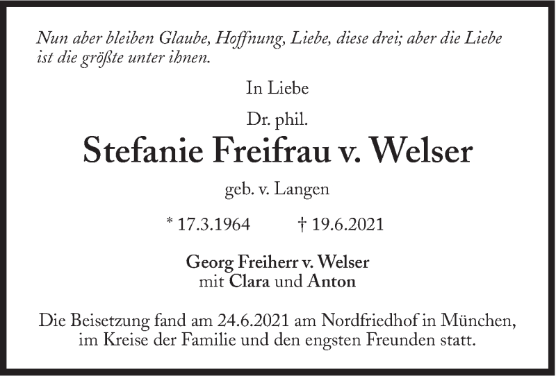  Traueranzeige für Stefanie Freifrau v. Welser vom 26.06.2021 aus Süddeutsche Zeitung