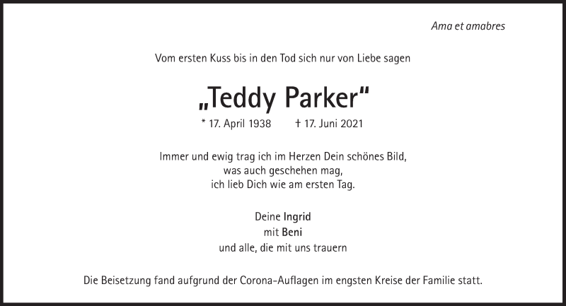  Traueranzeige für Teddy Parker vom 26.06.2021 aus Süddeutsche Zeitung